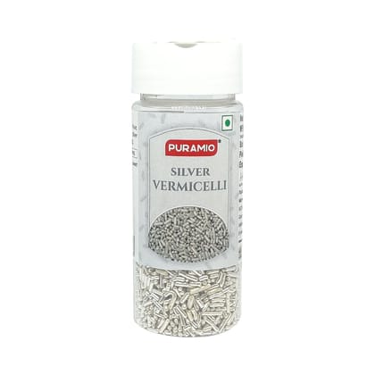 Puramio Silver Vermicelli Sprinkles With (Real Silver Vark) For Cake Decoration, 100 gm
