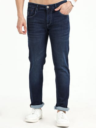 Men's Dark Blue Mid-Rise Stretchable Knitted Jeans | Rick Rogue-28