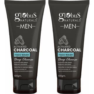 Globus Naturals Anti Pollution & Anti Acne Charcoal Face Wash, Detoxifying Cleanser, Fights Pollution and De-Tans skin, For Men with Oily & Acne Prone Skin, 100gms, Set of 2
