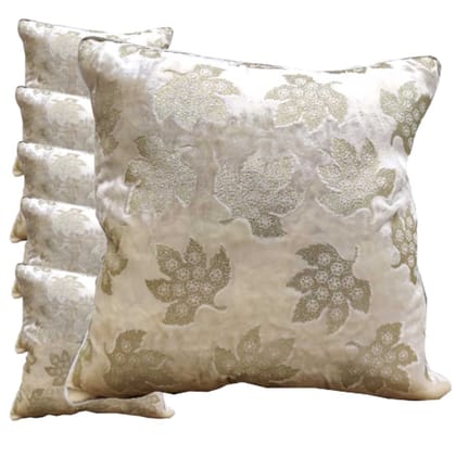 GOODVIBES Cream Ivory Cushion Cover with Leaf Embroidered Stitched Zippered Velvet Cushion Cover (Off White ) | 16X16 Inches | 40cm * 40 cm I Set of 6|