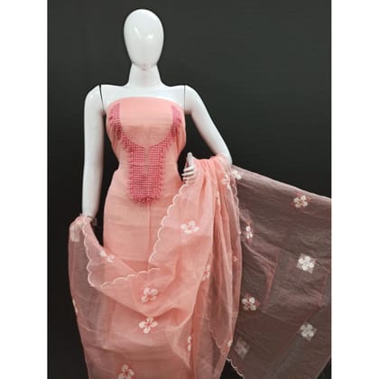 Chikankari Alluring Kota Doria Peach Suit (Top+Bottom+Dupatta)