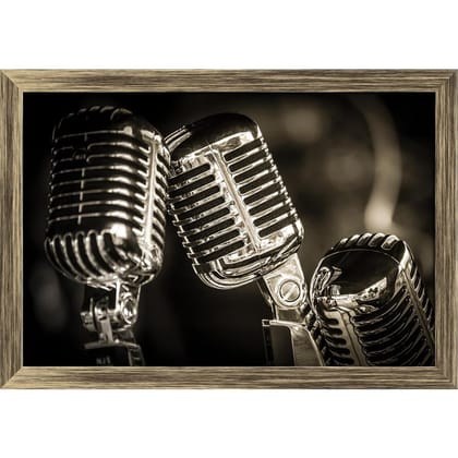 ArtzFolio Chromed Retro Recording Studio Microphones Canvas Painting Synthetic Frame-Canvas; Synthetic Frame; Antique Gold / 17.5inch x 12inch (44.5cms x 30.5cms)
