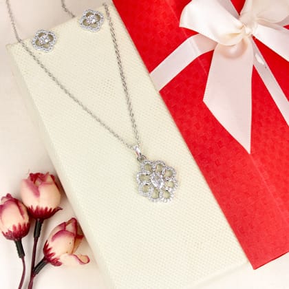 Cubic Zirconia White Stone Rhodium Plated Flower Pendant Set - SIA446774_D