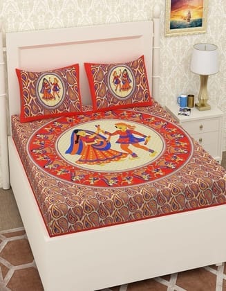 3001-Hometrade India-Standard King Size (90*108 Inches)-Pure Cotton Jaipuri Double Bedsheet With Matching Pillow Cover