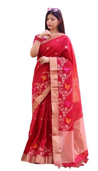 Women's Silk Saree with Unstitched Blouse Piece, Handloom Weaving with Embroidered Contrast & Tasselled Border Pallu, Ethnic Wear for Weddings, Parties and Festive Occasions