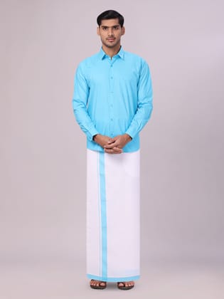 Men's Sky Blue Shirt with Matching Border Flexi Dhoti Combo Casper Flexi-36 / F/S / Sky Blue