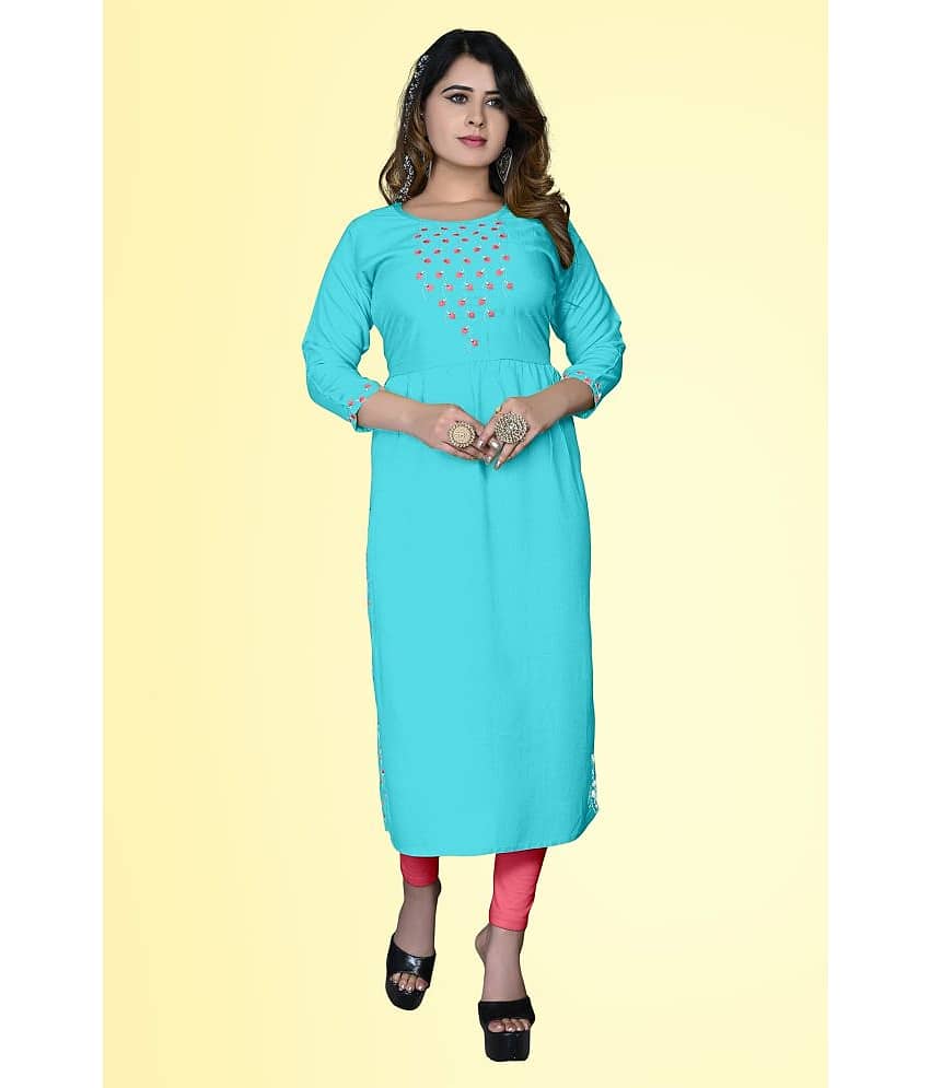 HAYA - Turquoise Rayon Women's Straight Kurti ( Pack of 1 )
