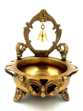 Arihant Craft� Ethnic Carved Urli with Bell Sculpture Showpiece Hand Work � 22 cm (Brass, Gold)