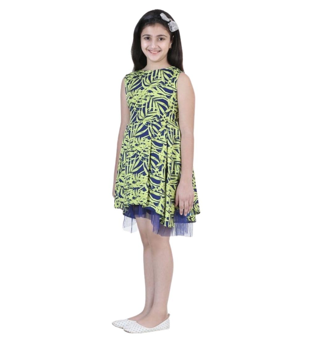 Girl's Polyester Crepe & Net Printed Sleeveless Dress (Yellow-Blue, 11-12-Yrs)-PID66035