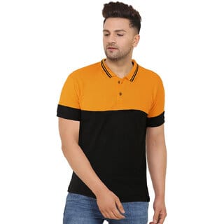 Leotude Men Mustard Color Block Cotton Blend T-Shirt