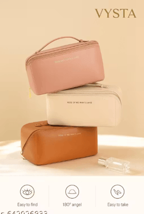 VYSTA Premium Leather Travel Makeup Bag | Large Capacity Cosmetic Organizer for Women | Multi-Compartment Toiletry Kit | Luxury PU Leather Vanity Case with 180 Opening | Travel Essentials Pouch | Multi-color