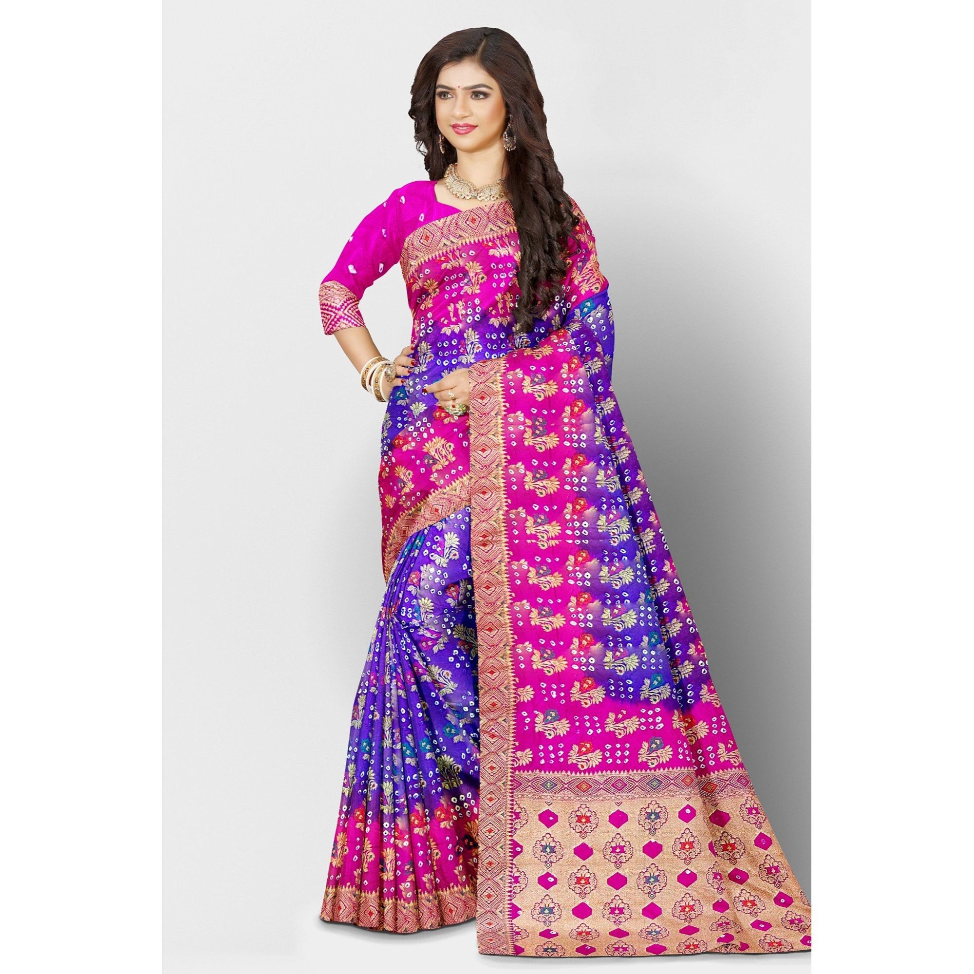 TheHangr Purple Bandini Saree With Golden Weaving Work And Pink Border And Pallu