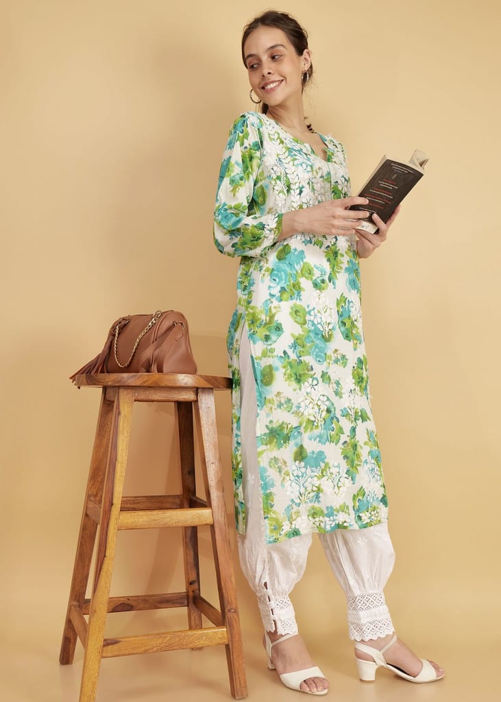 Pure Mulmul Floral Print Green Chikankari Long Straight Kurta