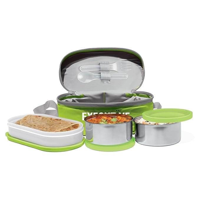 Lunch Insulated Tiffin, 2 Round Containers, 280 ml Each, 1 Oval Container_assorted colour