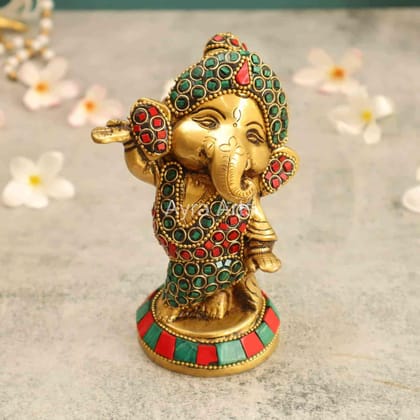 Brass Vignesha Unique Ganesha Statue with Stonework for Home Decor and Gift - 5.2 Inch Height Brass Vignesha Unique Ganesha Statue with Stonework for Home Decor and Gift - 5.2 Inch Height