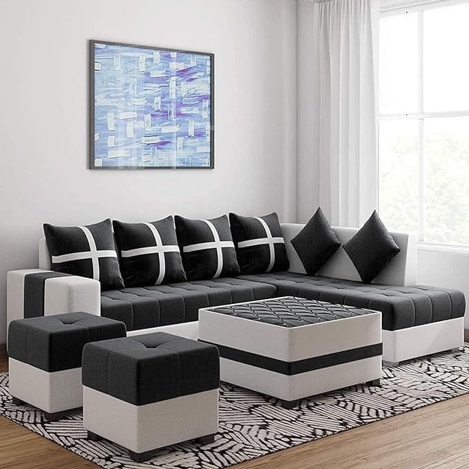 Starlet Furniture L Shape 8 Seater Sectional Fabric Sofa Set with Center Table and 2 Puffy Living Room (Left Side, Black)