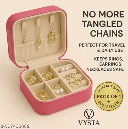 VYSTA Premium Pink Jewellery Organizer Box | Travel Friendly | Anti-Tangle Velvet Storage Case for Rings, Earrings, Necklaces (Pack of 1) Bestseller