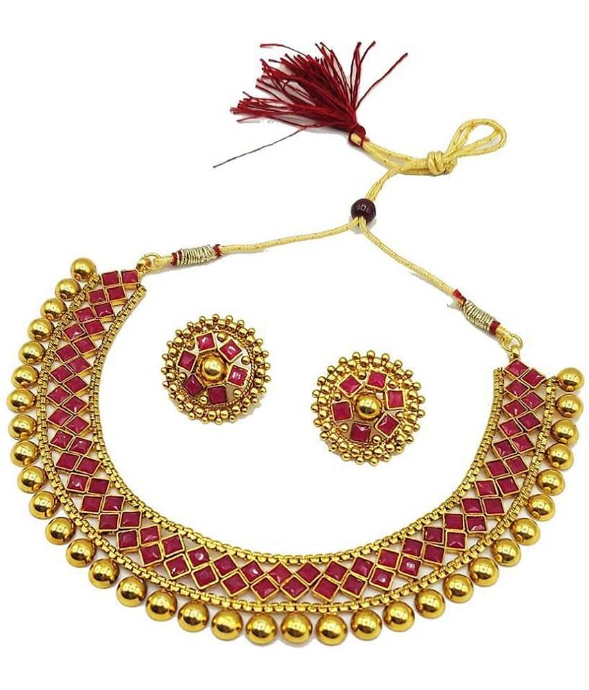 Sunhari Jewels Alloy Red Choker Designer Gold Plated Necklaces Set