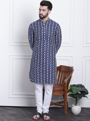 Men's Silk Blend Navy Embroidered Kurta & White Churidar Pyjama Set-36