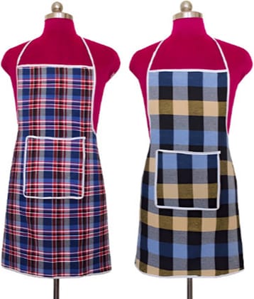 CreadCraft Cotton Checks Kitchen Apron with 1 Center Pocket ( Pack of 2 )