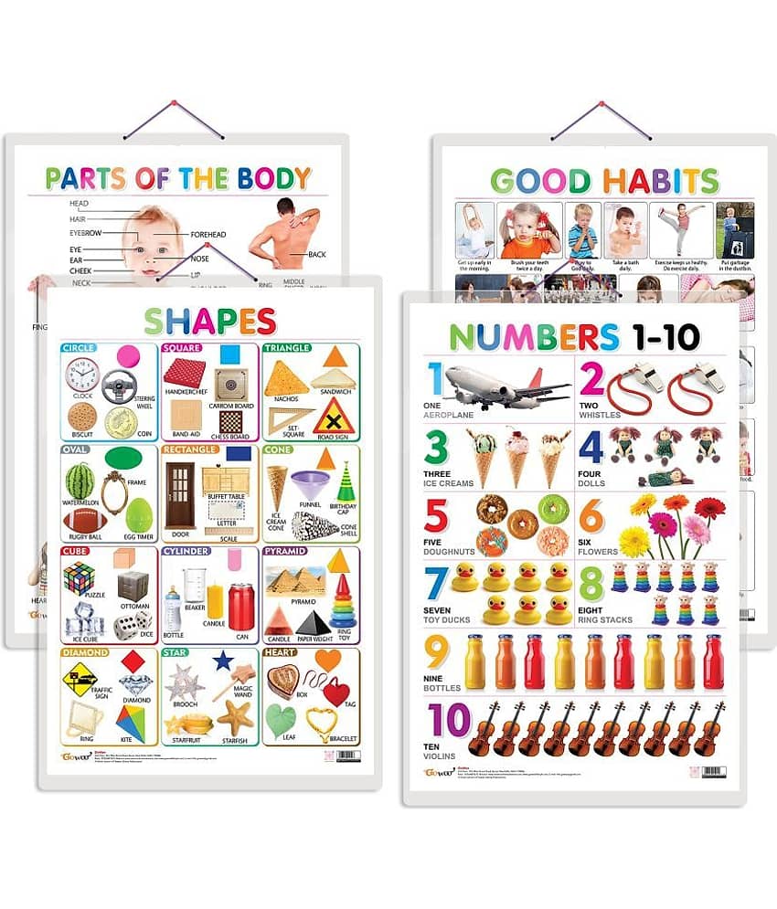 Set of 4 Shapes, Parts of the Body, Good Habits and Numbers 1-10 Early Learning Educational Charts for Kids | 20"X30" inch |Non-Tearable and Waterproof | Double Sided Laminated | Perfect for Homeschooling, Kindergarten and Nursery Students