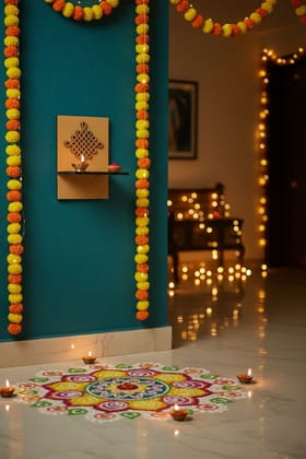 Dbeautify's DIY MDF Pooja Shelf with Geometric Back Panel
