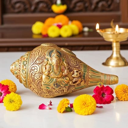 Brass Showpiece Shank With Ganesh God Idol Statue (BSMAS946 B)