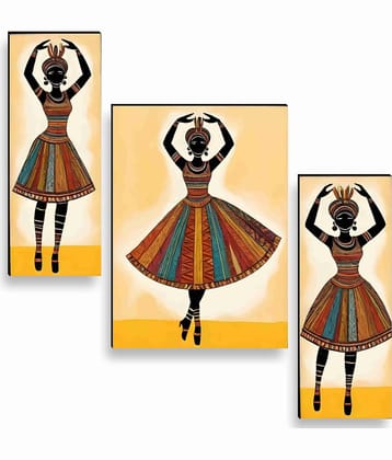 SAF African Tribal Dancer Wall Art – 3 Panel Colorful Ethnic Lady Painting with Traditional Dress for Cultural Living Room & Hall Décor 12 Inch x 20 Inch