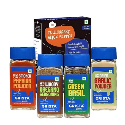 CRISTA Must-Haves Combo Pack (Basil 15 gm, Oregano Seasoning 50 gm, Paprika Powder 45 gm, Garlic Powder 45 gm & Tellicherry Black Pepper 100 gm) - Pack of 5