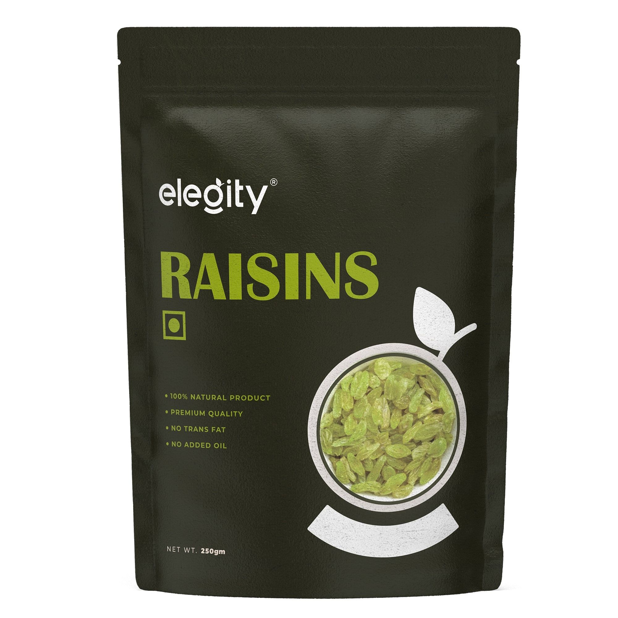 Elegity Plain Seedless Green Raisins Pouch 250 gm | 100% Natural Dried Grapes (Kishmish) | Nutritious, Delicious & Healthy Snack | Source of Fibre in Nuts | No Preservatives in Dry Fruit