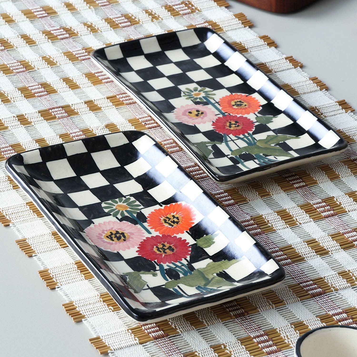 Checked Ceramic Food Platters Set of 2 - Black & White