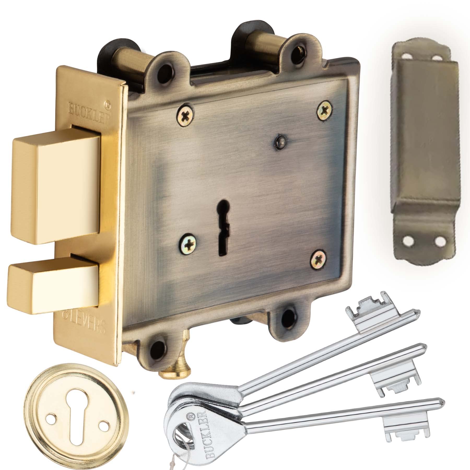 BUCKLER Main Gate Door Lock for Home/Office/Godown, Slider and Double Action Heavy Duty Lock Set for Extra Security with 3 Keys (100MM, 8 Levers, Brass Gold Antique)