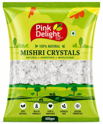 Pink Delight Mishri Crystals | Natural Rock Sugar (Mishri Dana) | Unrefined & Chemical Free | Premium Sugar Crystals for Prasad, Pooja, Milk, Tea & Ayurvedic Use | 400 g