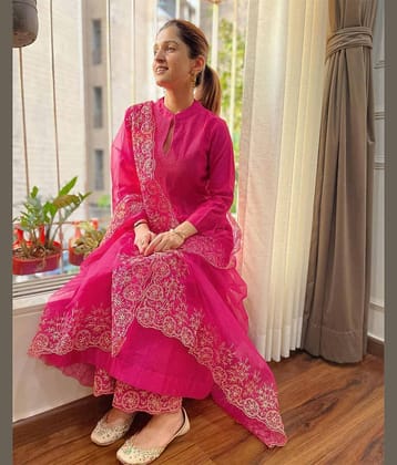 Trijal Fab Women Cotton Blend Embroidered A-line Kurti With Pants ( Pink )