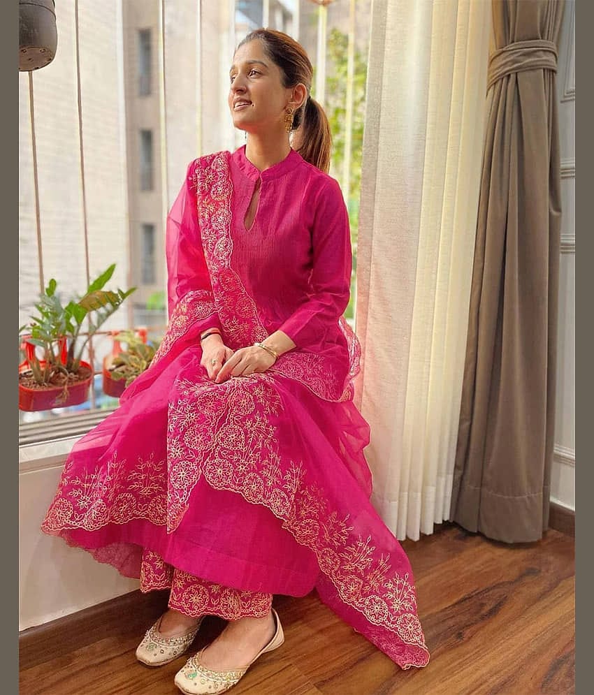 Trijal Fab Women Cotton Blend Embroidered A-line Kurti With Pants ( Pink )