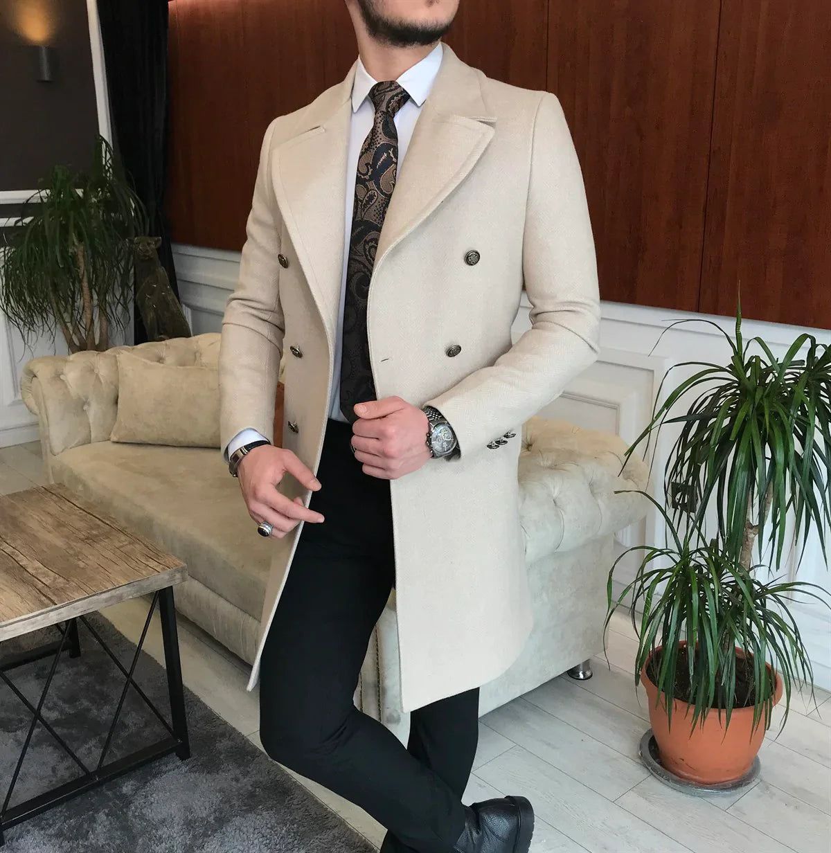 Frost Slim Fit Beige Double Breasted Wool Over Coat by ITALIAN VEGA®-S-36