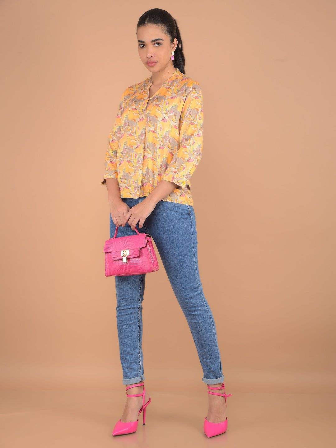 Mustard Floral Print V-Neck Top-M / Mustard