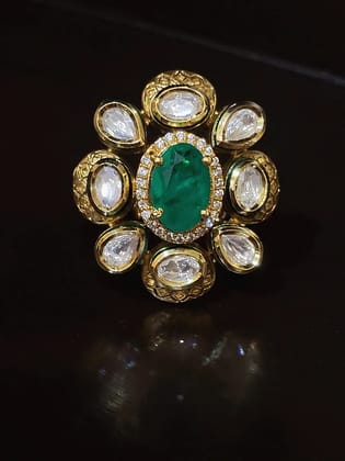 Oval stone with zircon outline self design openable ring-Green