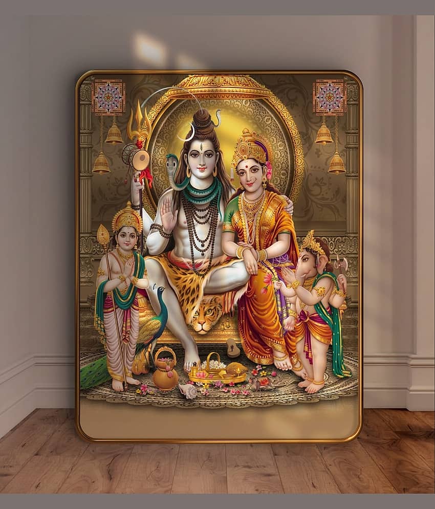 SAF Shiv Parivar Wall Painting | Lord Shiva Parvati Ganesh Kartikeya Family Art | Golden Frame Sparkle Laminated MDF Poster for Home Temple Pooja Room | Hindu God Decorative Wall Frame