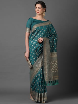 Teal Blue Woven Banarasi Silk Saree