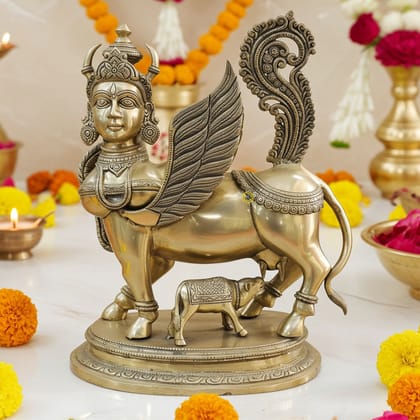 Brass Kamdhenu Cow Statue - Artistic Temple Decor, Height : 16.5 Inch (BSMAS1498 A)