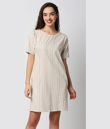 Mantra Fashion Women Polyester Striped A-line Dress ( Off White )