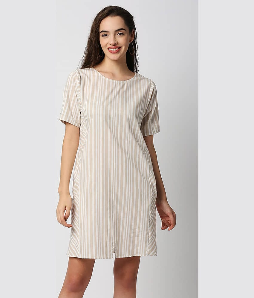 Mantra Fashion Women Polyester Striped A-line Dress ( Off White )