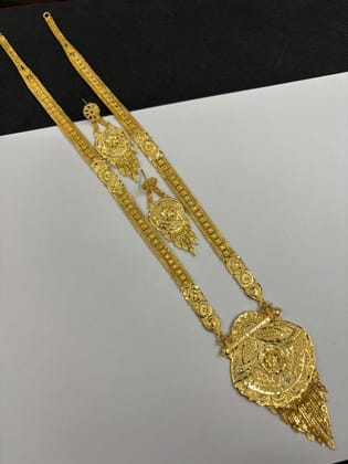 Saniya Traditional Gold Plated Long Rani Haar Set with Ornate Pendant and Drop Earrings
