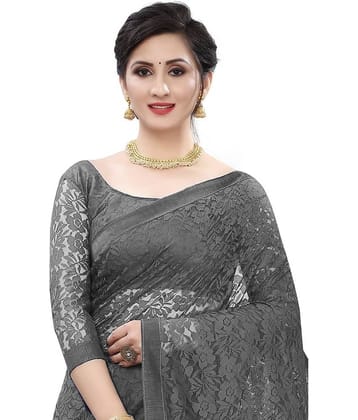 Vkaran Net Cut Outs Saree With Unstitched Blouse Piece ( Grey )