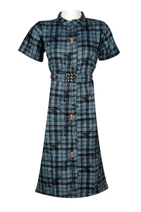 Women's Cotton High Neck, Check Style, Printed with Belt Design, Round Cut in Lower Kurta