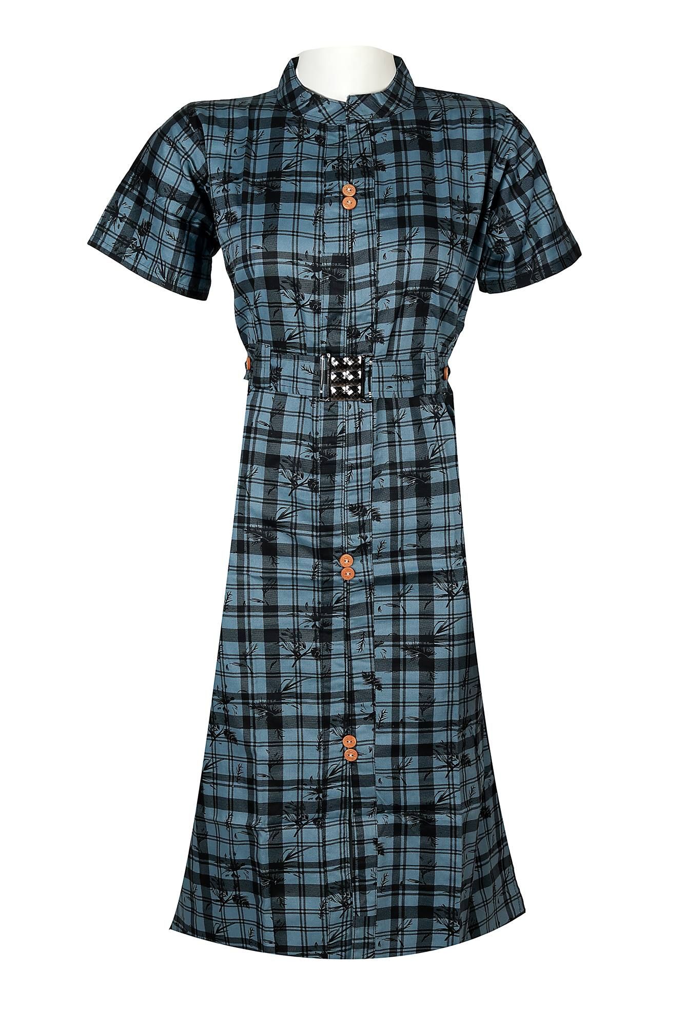 Women's Cotton High Neck, Check Style, Printed with Belt Design, Round Cut in Lower Kurta