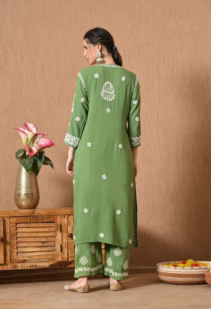 Premium Rayon Chikankari Plazo Set with Hand Embroidery & 3D Work - Green