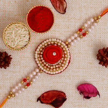 Red Floral Pearl Rakhi and Roli Chawal Pack