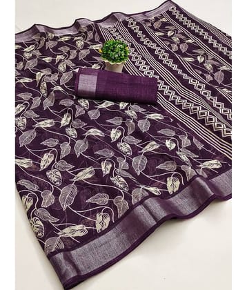 HEMA SILK MILLS Linen Printed Saree With Unstitched Blouse Piece ( Blue )